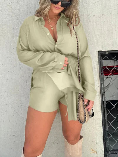 Womens Solid Color Long Sleeve Shirt Suit