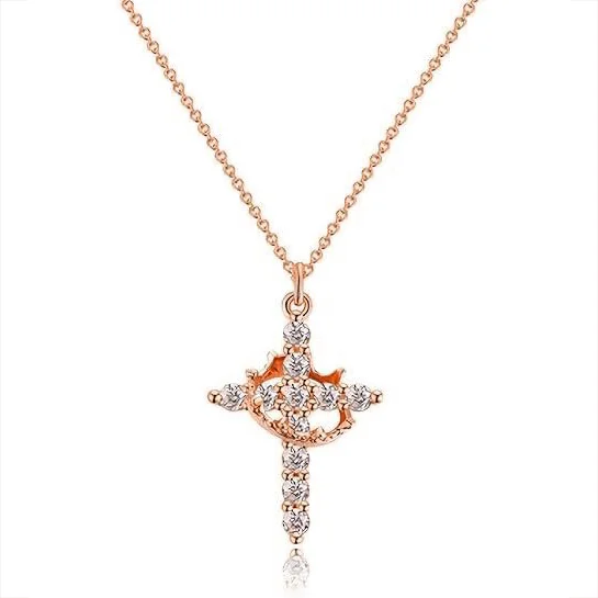 Sparkling Cross Pendant Necklace with Rotating Crown