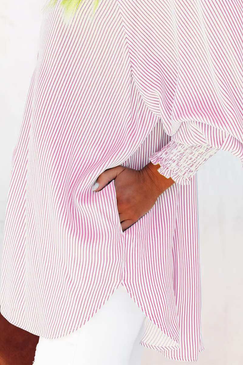 Mid-length smocked shirt with striped lapel and oversized drawdown sleeves