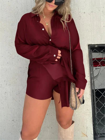 Womens Solid Color Long Sleeve Shirt Suit