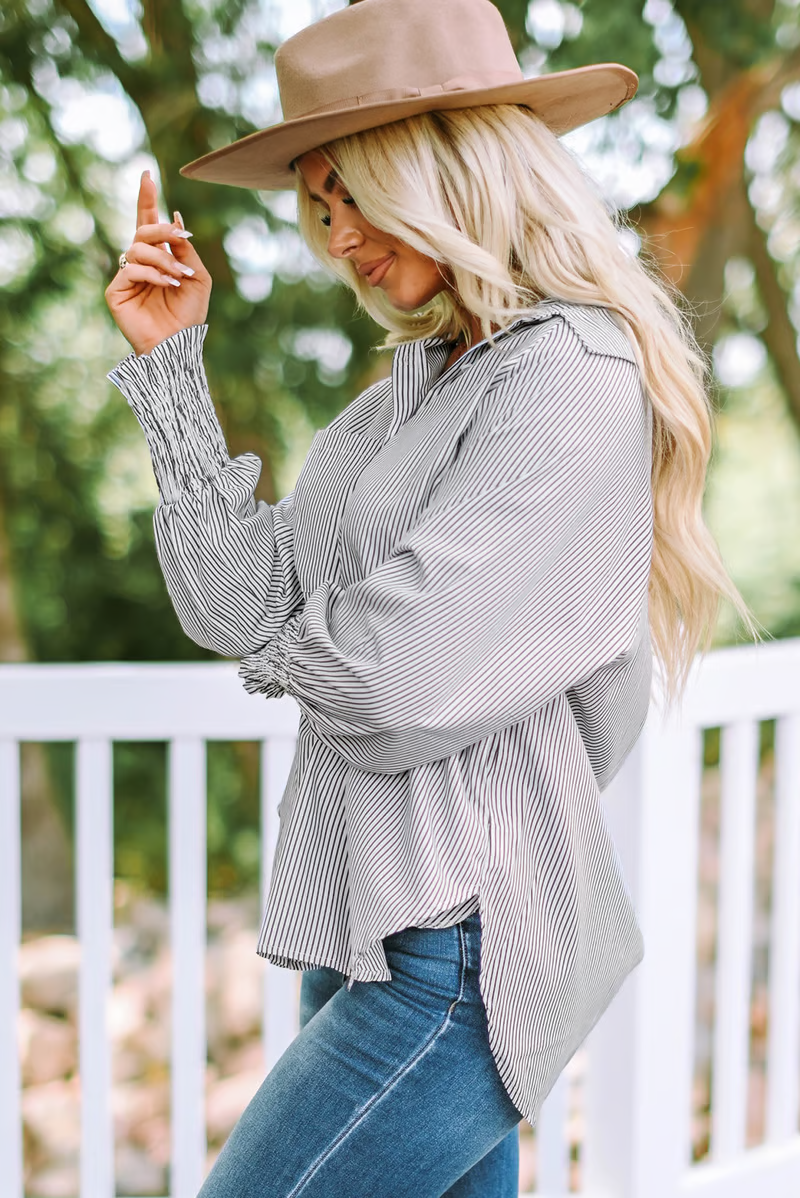 Mid-length smocked shirt with striped lapel and oversized drawdown sleeves
