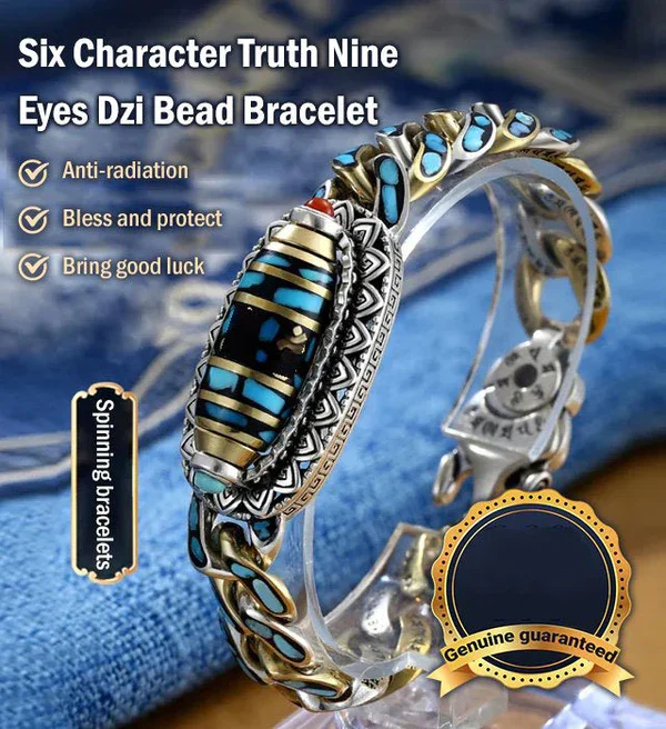 Turquoise Six character Mantra Nine-eyed Dzi Bead Bracelet