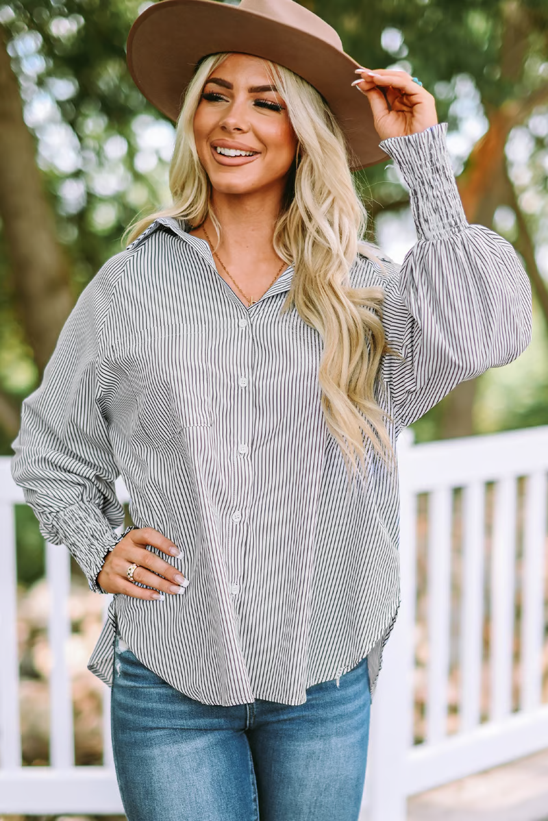 Mid-length smocked shirt with striped lapel and oversized drawdown sleeves