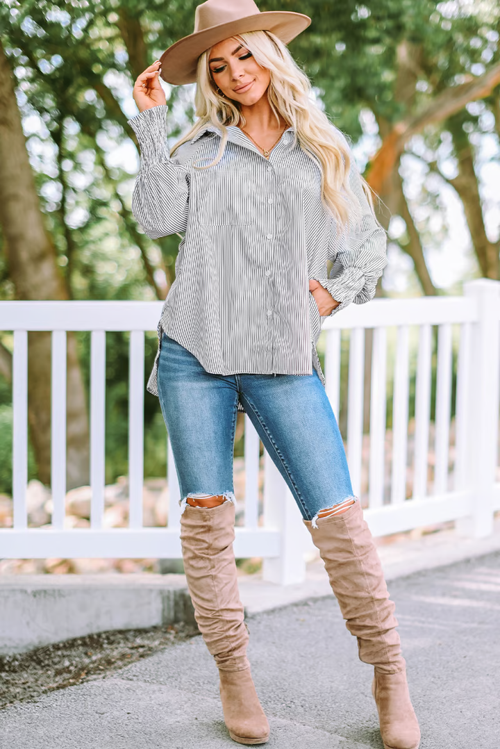 Mid-length smocked shirt with striped lapel and oversized drawdown sleeves