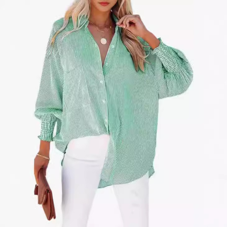 Mid-length smocked shirt with striped lapel and oversized drawdown sleeves