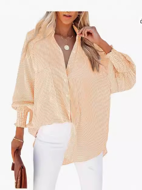 Mid-length smocked shirt with striped lapel and oversized drawdown sleeves