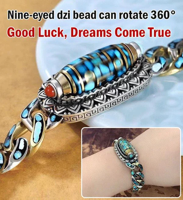 Turquoise Six character Mantra Nine-eyed Dzi Bead Bracelet