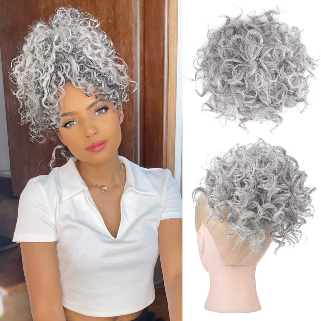 Loose short curly bun with elastic cord