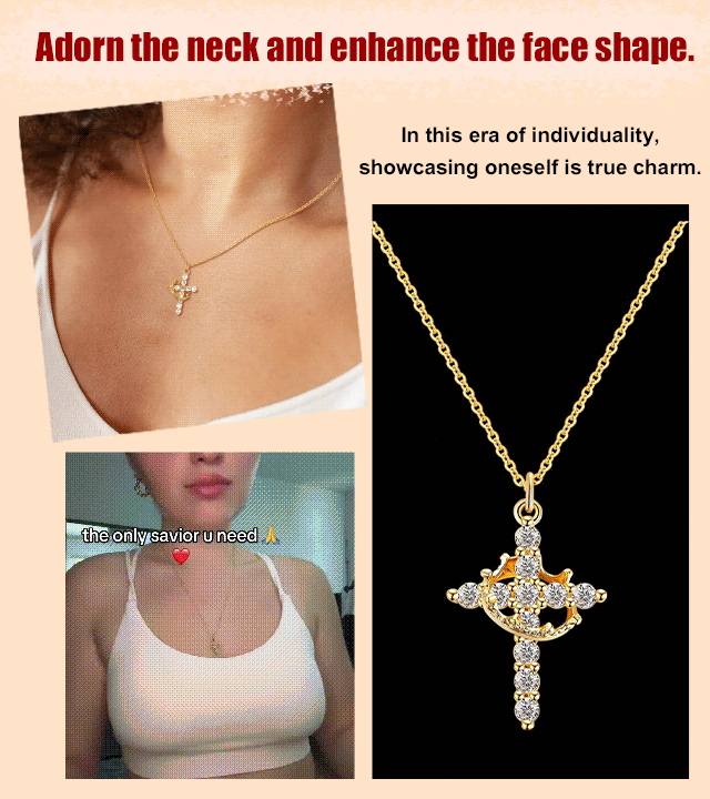Sparkling Cross Pendant Necklace with Rotating Crown