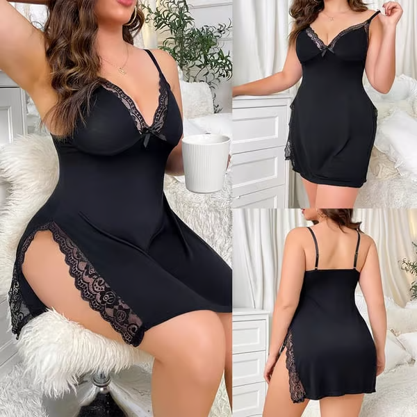 Lace Trim Slit Bowknot Decor Sleep Dress