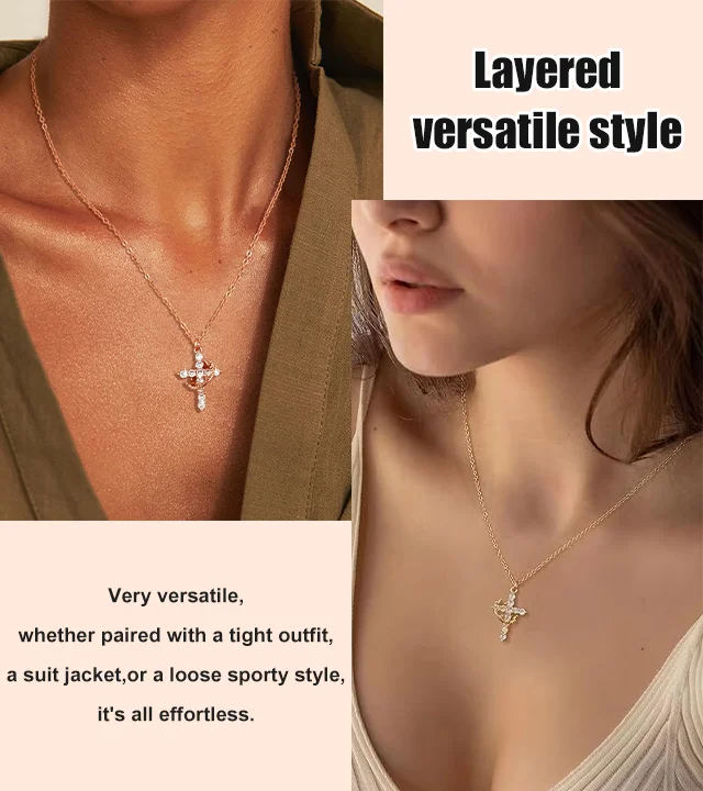 Sparkling Cross Pendant Necklace with Rotating Crown