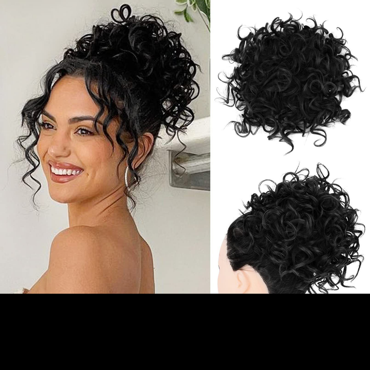 Loose short curly bun with elastic cord