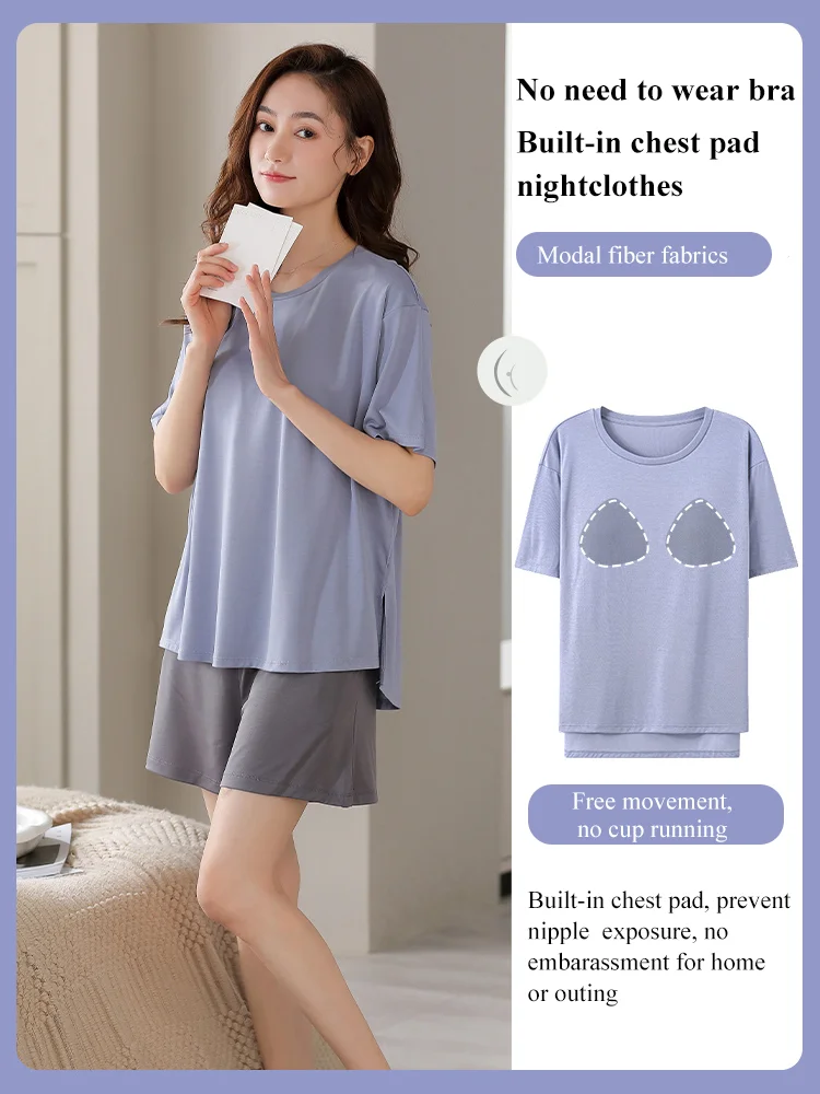 With chest pad New Ice Silk cool pajama set