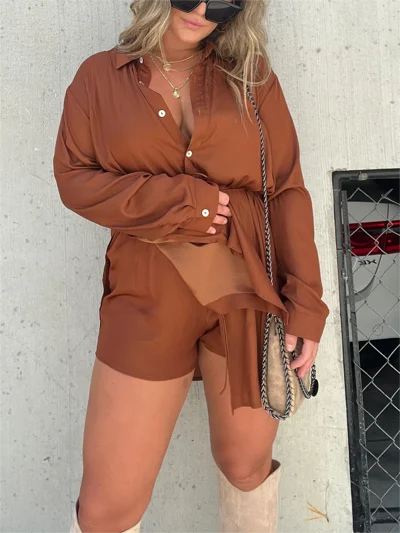 Womens Solid Color Long Sleeve Shirt Suit