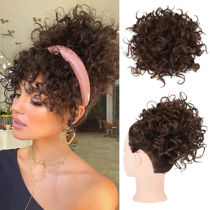 Loose short curly bun with elastic cord