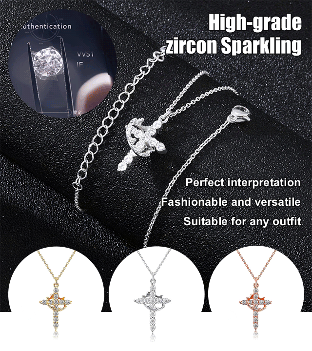 Sparkling Cross Pendant Necklace with Rotating Crown