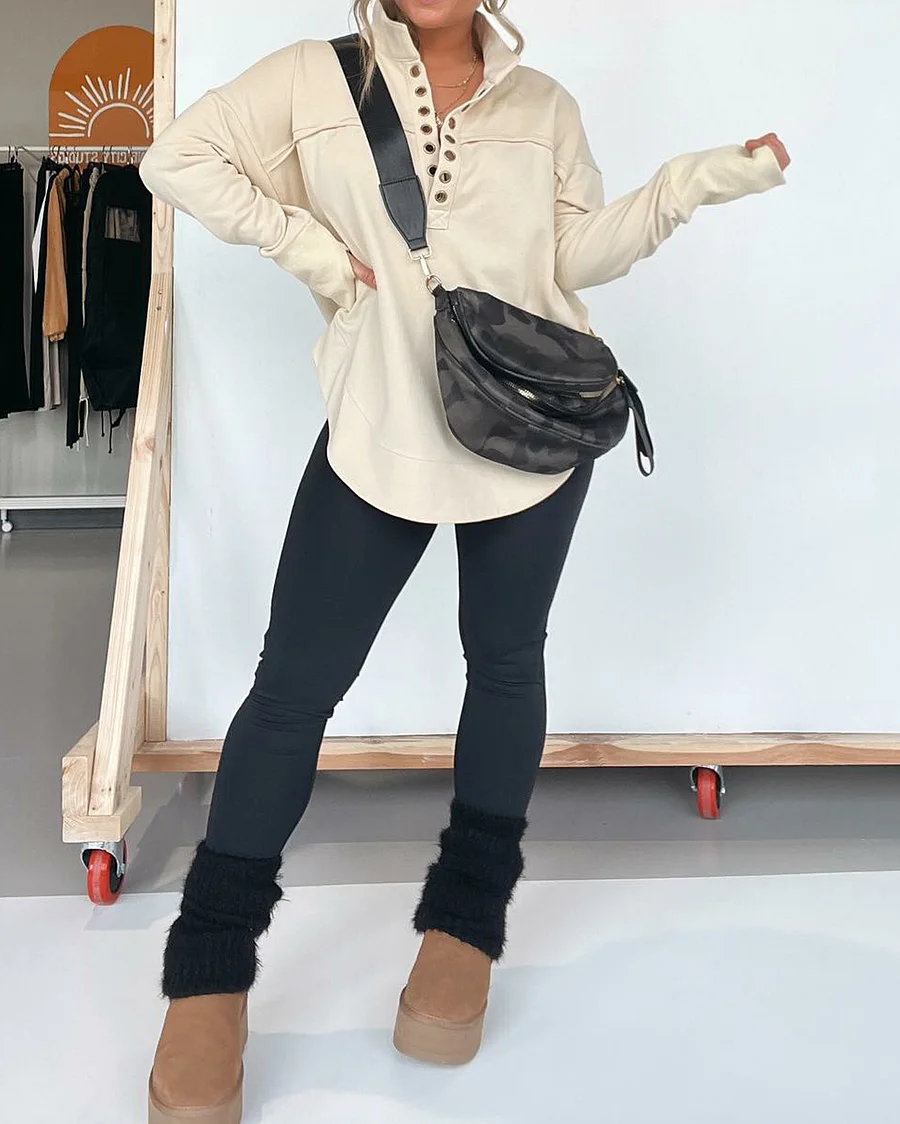 Half Neck Thumbhole Cuff Pullover Sweatshirt