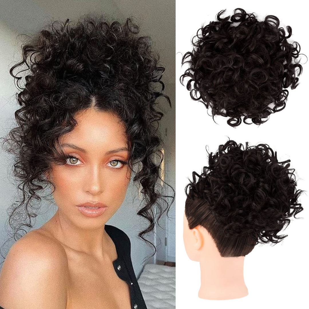 Loose short curly bun with elastic cord
