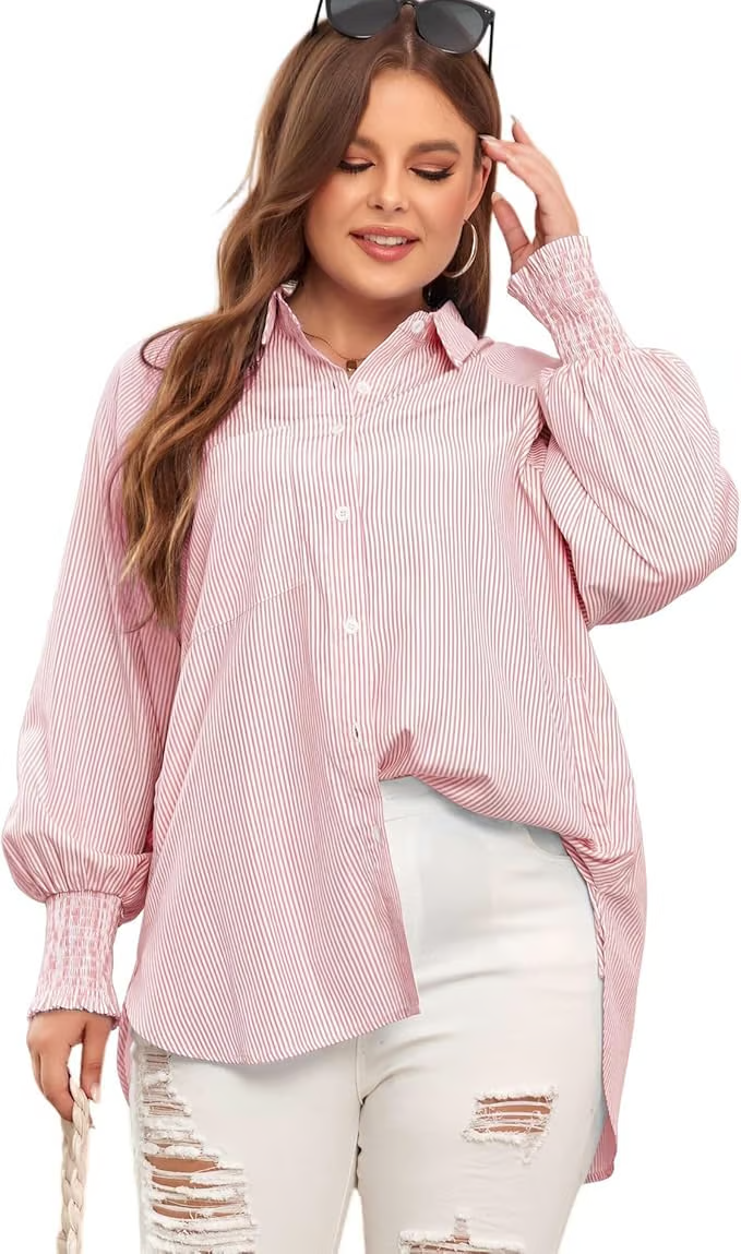 Mid-length smocked shirt with striped lapel and oversized drawdown sleeves