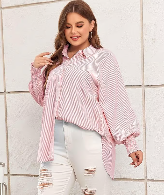 Mid-length smocked shirt with striped lapel and oversized drawdown sleeves