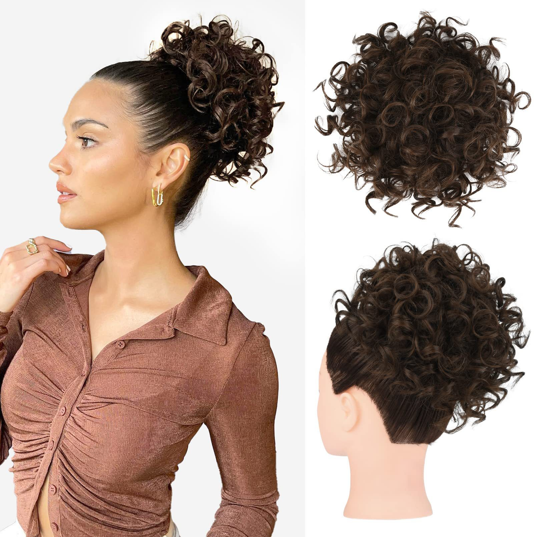 Loose short curly bun with elastic cord