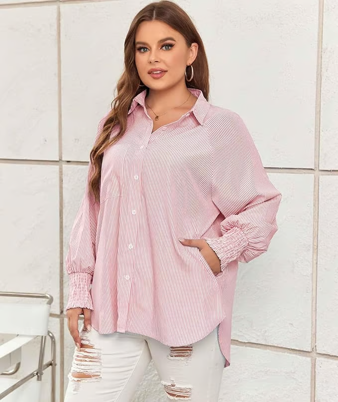 Mid-length smocked shirt with striped lapel and oversized drawdown sleeves
