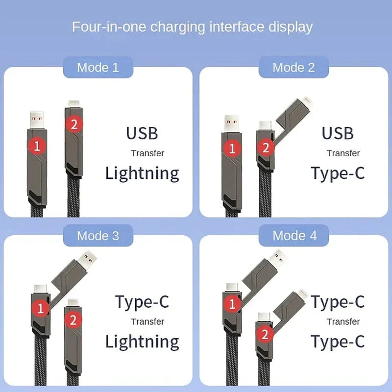 4 in 1 Flat Braided Anti Tangle Charger Cord with Velcro
