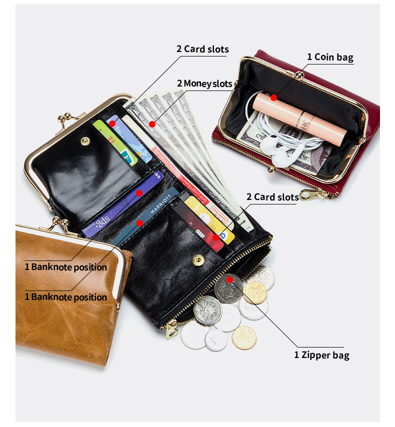 Cowhide Retro Short Wallet Women's Multifunctional Clip Coin Purse