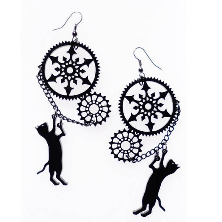 Cat Gear Necklace Earrings