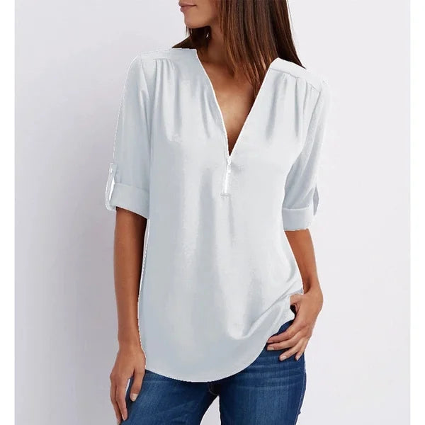 Plus Size Loose 3 4 Sleeve Zipper Blouse