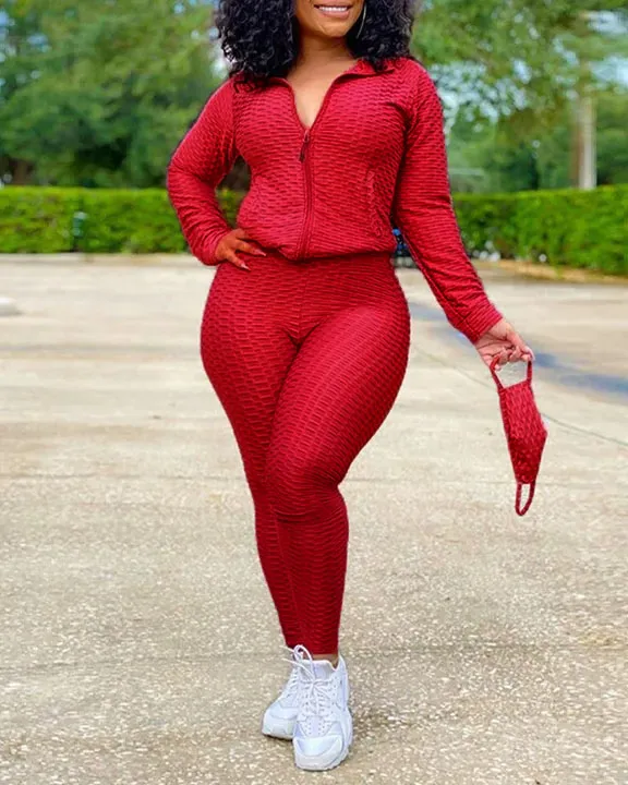 Solid Textured Dual Pocket Sports Jacket  Ruched Leggings Set With Mask