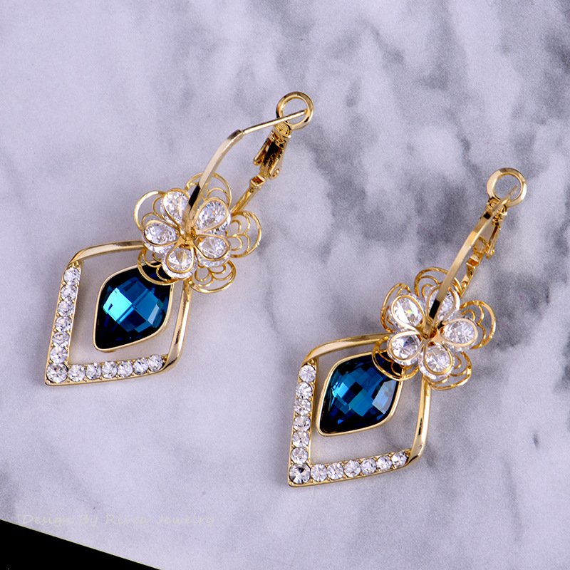 Flower Zircon Rhombic Sapphire Drop Earrings