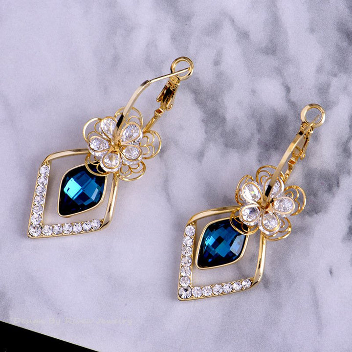 Flower Zircon Rhombic Sapphire Drop Earrings