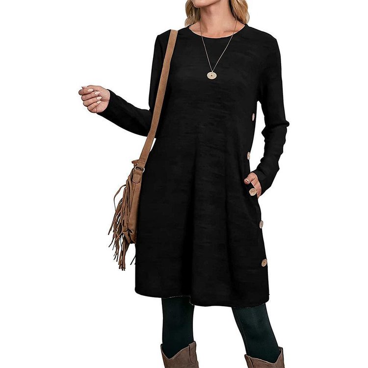 BUTTONED POCKET CASUAL LOOSE DRESS