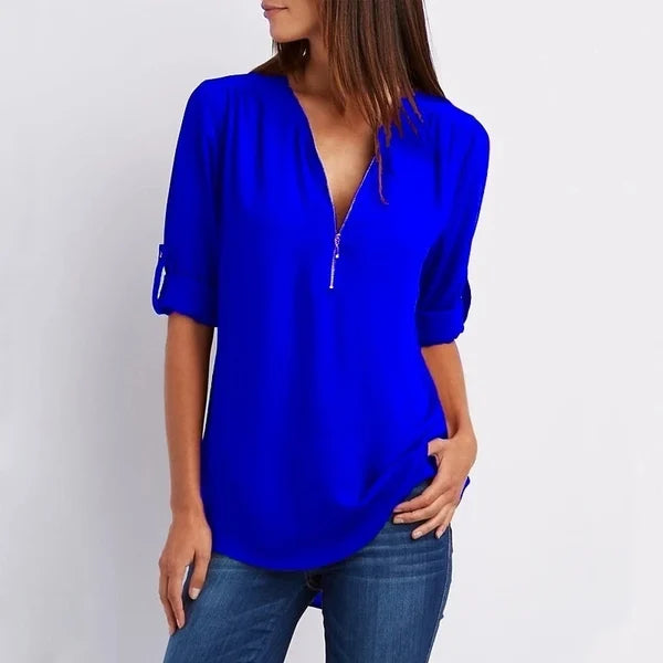 Plus Size Loose 3 4 Sleeve Zipper Blouse