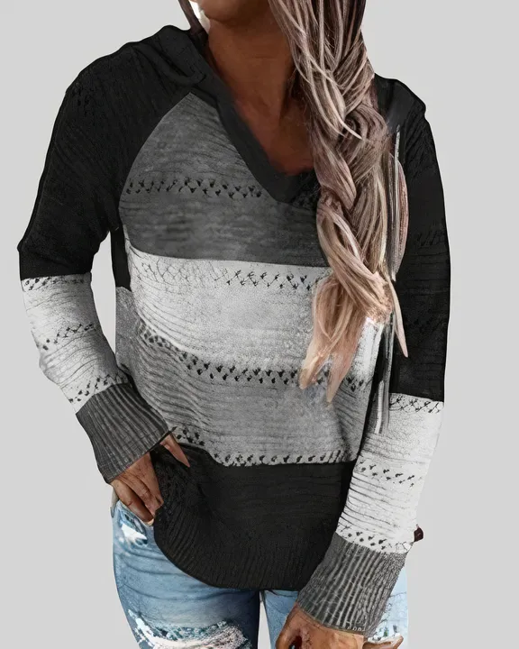 Colorblock Hollow Out Drawstring Hooded Sweater