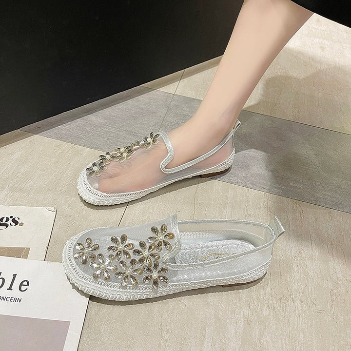 Women Rhinestone Crystal Flowers Mesh Ballet Flats Walking Shoes