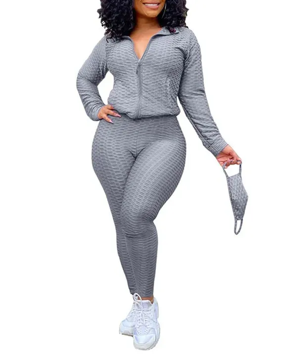 Solid Textured Dual Pocket Sports Jacket  Ruched Leggings Set With Mask
