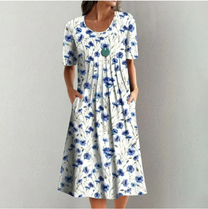 Station Spring And Summer Womens Casual Printing Round Neck Short-sleeved Dress