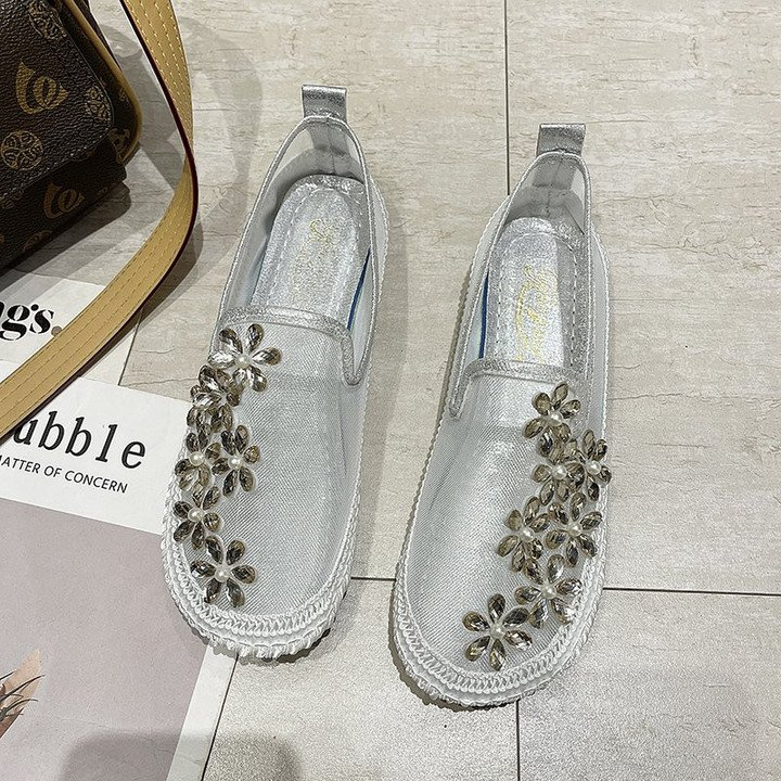Women Rhinestone Crystal Flowers Mesh Ballet Flats Walking Shoes