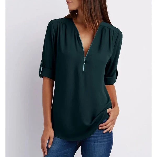Plus Size Loose 3 4 Sleeve Zipper Blouse