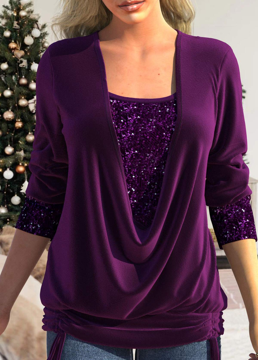 Sequin Long Sleeve Square Neck T Shirt