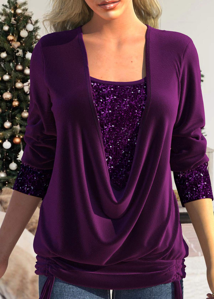 Sequin Long Sleeve Square Neck T Shirt