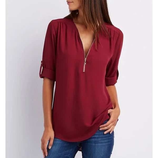 Plus Size Loose 3 4 Sleeve Zipper Blouse