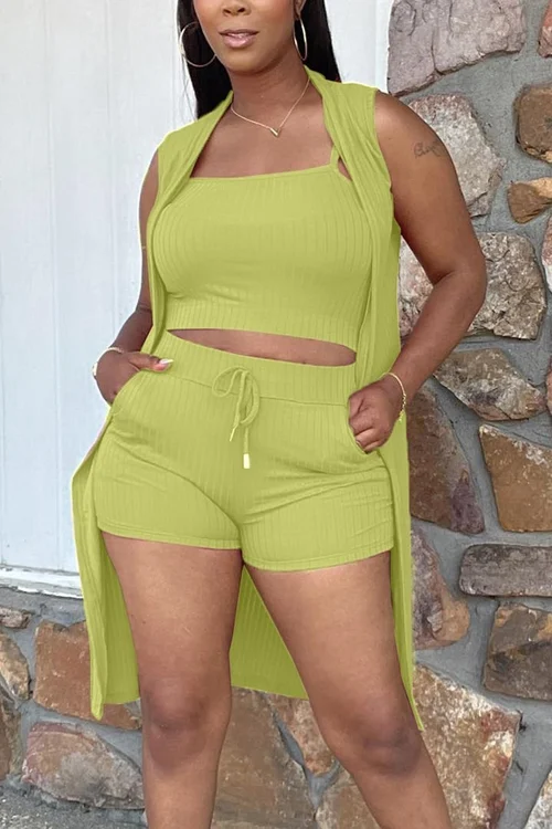 3 Piece Rib Knit Top Shorts Cardigan Set