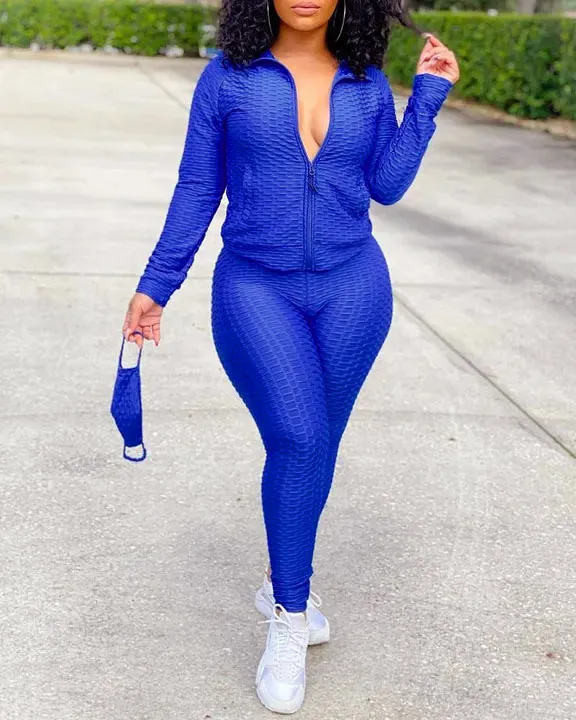 Solid Textured Dual Pocket Sports Jacket  Ruched Leggings Set With Mask