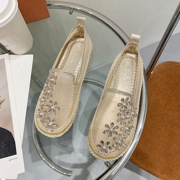 Women Rhinestone Crystal Flowers Mesh Ballet Flats Walking Shoes