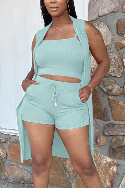 3 Piece Rib Knit Top Shorts Cardigan Set