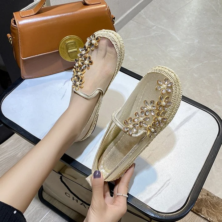 Women Rhinestone Crystal Flowers Mesh Ballet Flats Walking Shoes