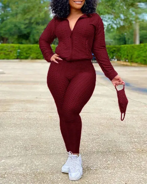 Solid Textured Dual Pocket Sports Jacket  Ruched Leggings Set With Mask